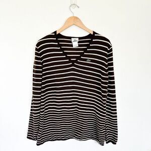 Lacoste Women’s New Wool Brown and White Stripe V Neck Sweater